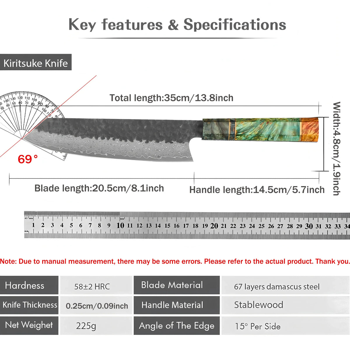 67-Layer Damascus Kiritsuke Chef Knife – Forged Steel 20.5cm