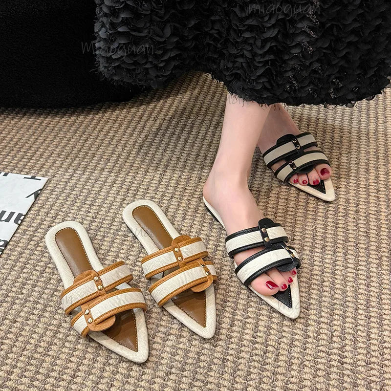 Retro Pointed Flat Sandals for Women – Belt Buckle Summer Slippers