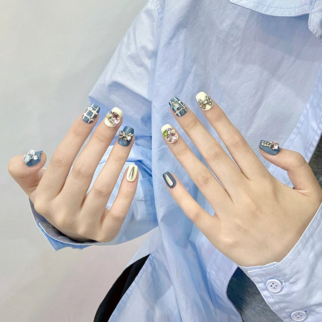 Handmade Press Nails Short Square Plaid Pattern False Wearable Shiny