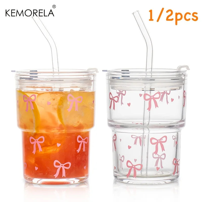KEMORELA 380ml Pink Bow Glass Cup with Lid & Glass Straw