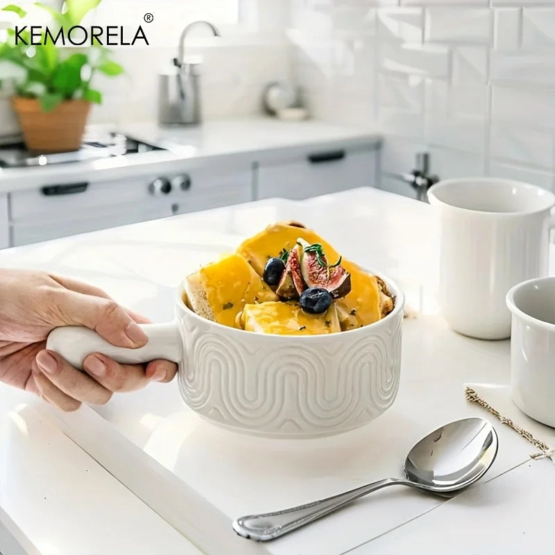 KEMORELA White Ceramic Handled Bowl – Embossed Soup Bowl