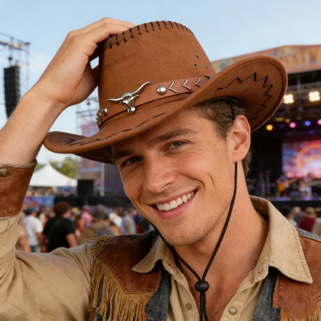 Vintage Brown Faux Suede Western Cowboy Hat Bull Skull Arrow Stitch