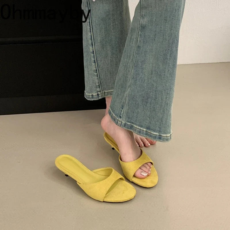 Women's Open Toe Suede Slide Slippers – Thin Heel Summer Shoes