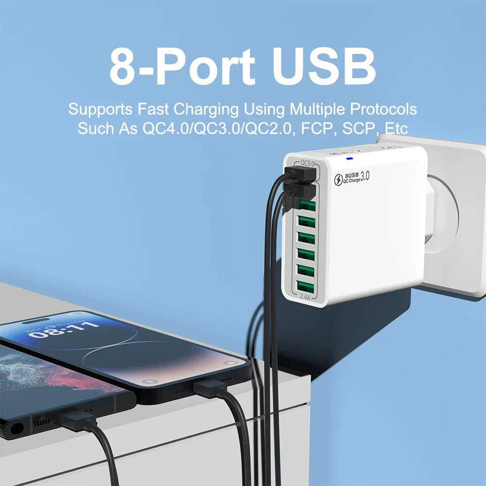 8-Port 65W USB Fast Charger | Quick Charge 3.0 Travel Adapter