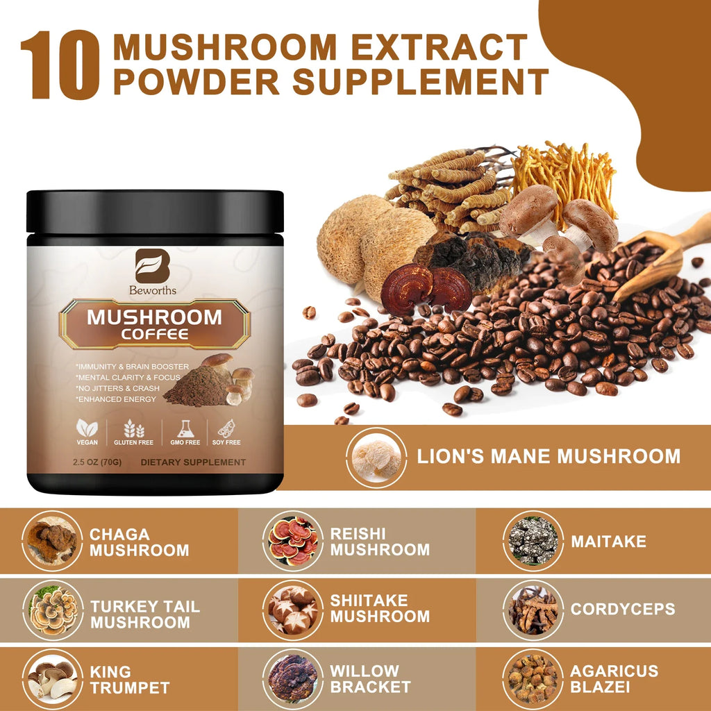 Beworths 10-in-1 Mushroom Coffee Powder 120g | Focus & Immunity