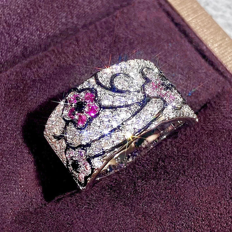 Huitan Flower CZ Pave Ring – Women's Wedding Band | Sizes 5–14