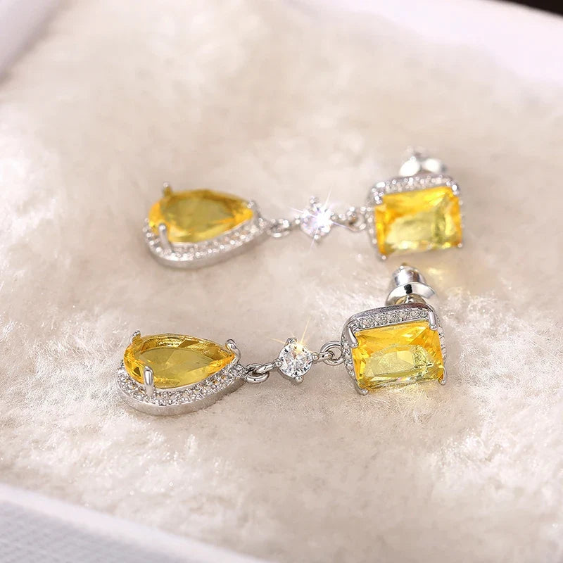Huitan Pink & Yellow CZ Pear Drop Earrings | Dangle Jewelry