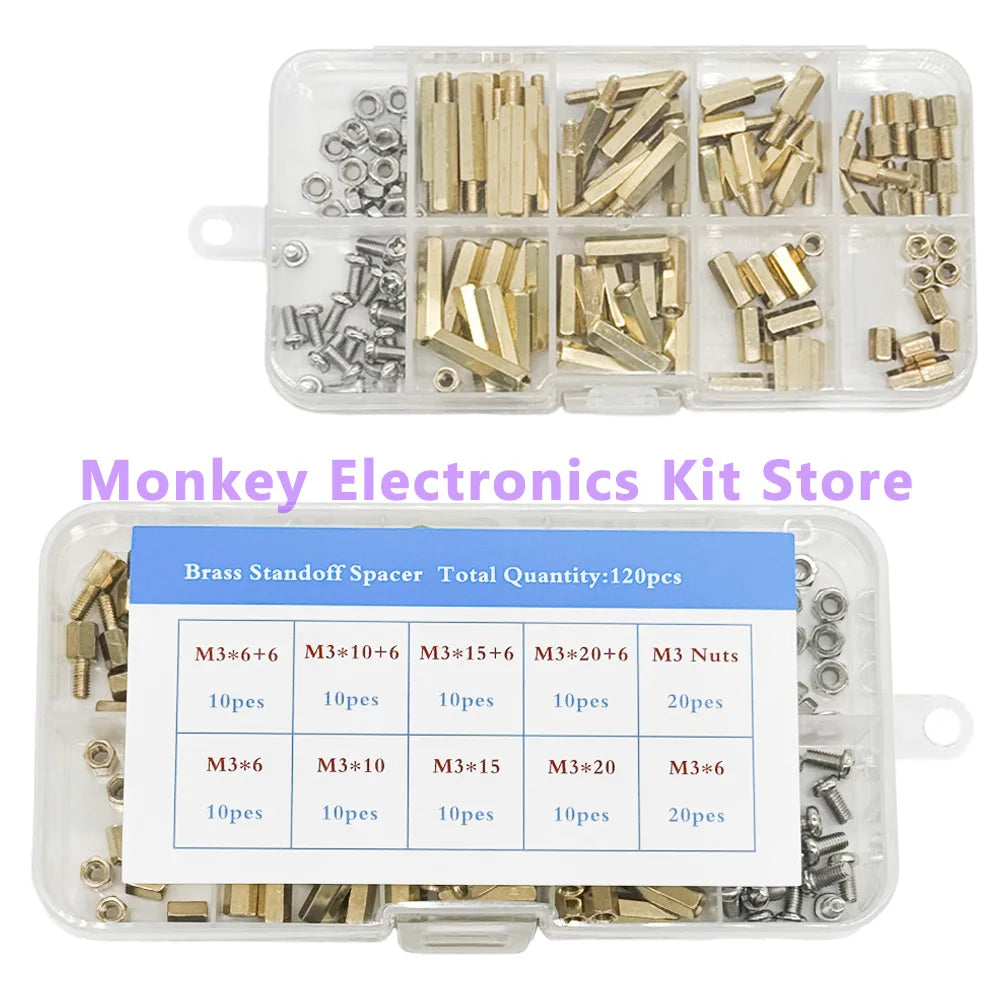 120pcs M3 Brass Standoff Spacer Kit – PCB Hex Pillar Screws & Nuts