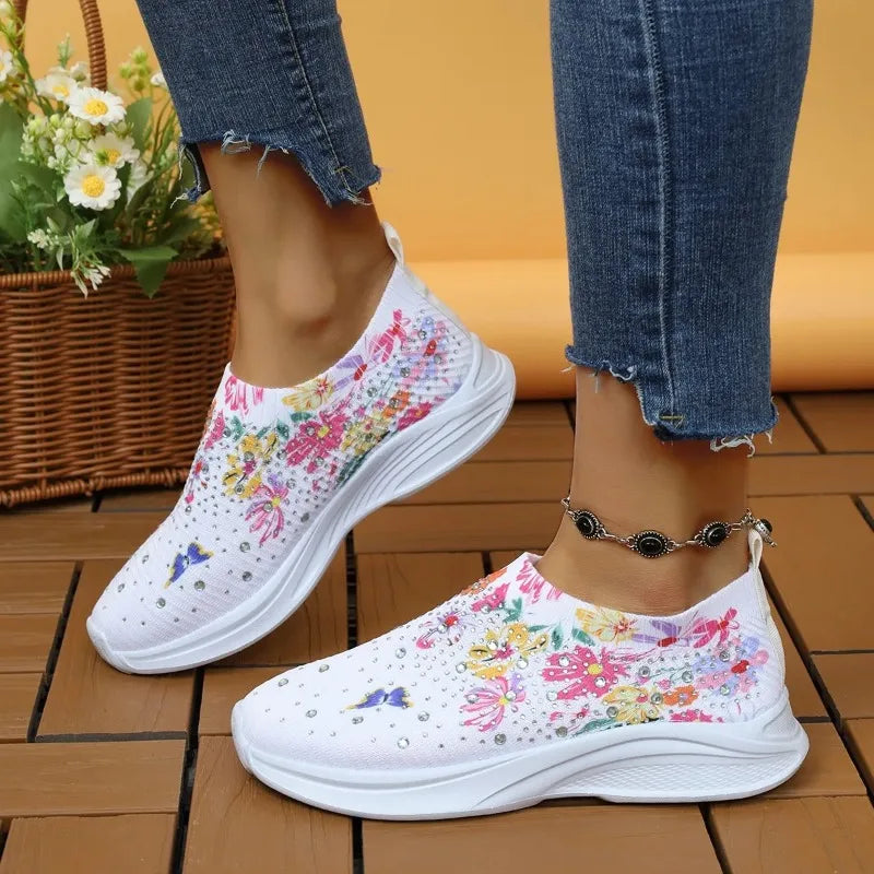 Flower Print Knitted Sneakers – Crystal Slip-On Women's Shoes