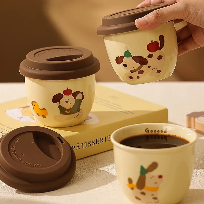 Sausage Dog Ceramic Coffee Mug with Lid | Cute Cartoon Puppy Cup
