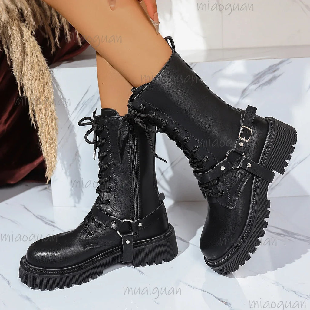 Women's Punk Mid-Calf Motorcycle Boots – Belt Buckle Zipper