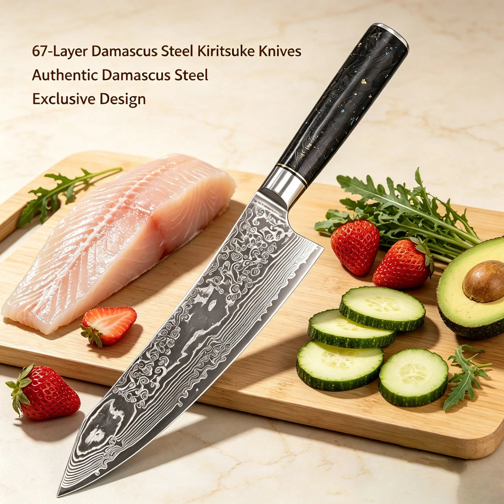 67-Layer Damascus Steel Kiritsuke Chef Knife – Sharp Kitchen Blade