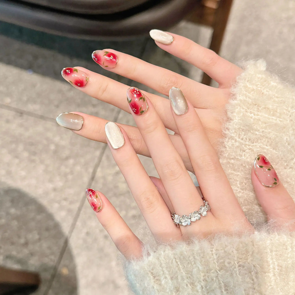 Handmade Press Nails Sweet Cherry Pink Blush Fake Nail Tips Girl