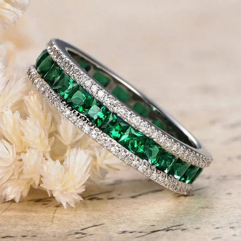 Huitan Green CZ Princess Square Ring for Women | Wedding Jewelry