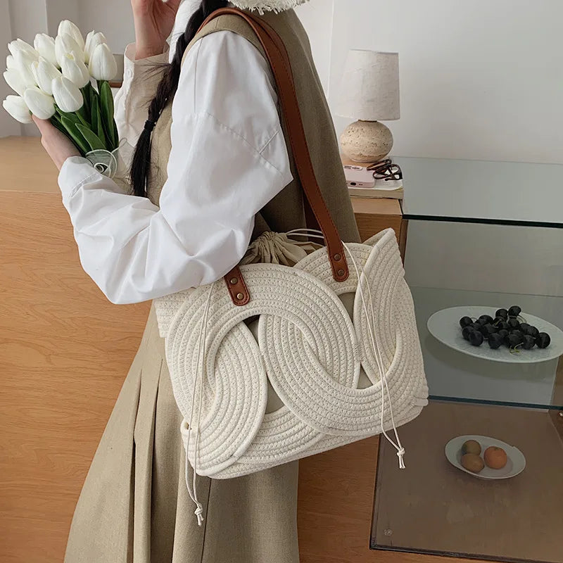 Woven Drawstring Shoulder Bag – Women's Vintage Tote Underarm Bag