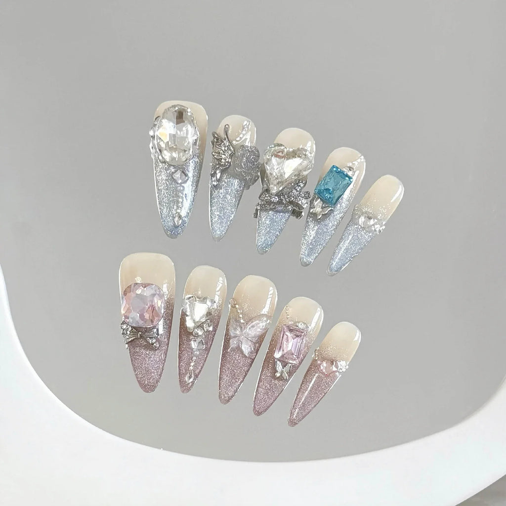 Long Ballet Press-On Nails Pink Bow Glitter French Cat Eye 10pcs