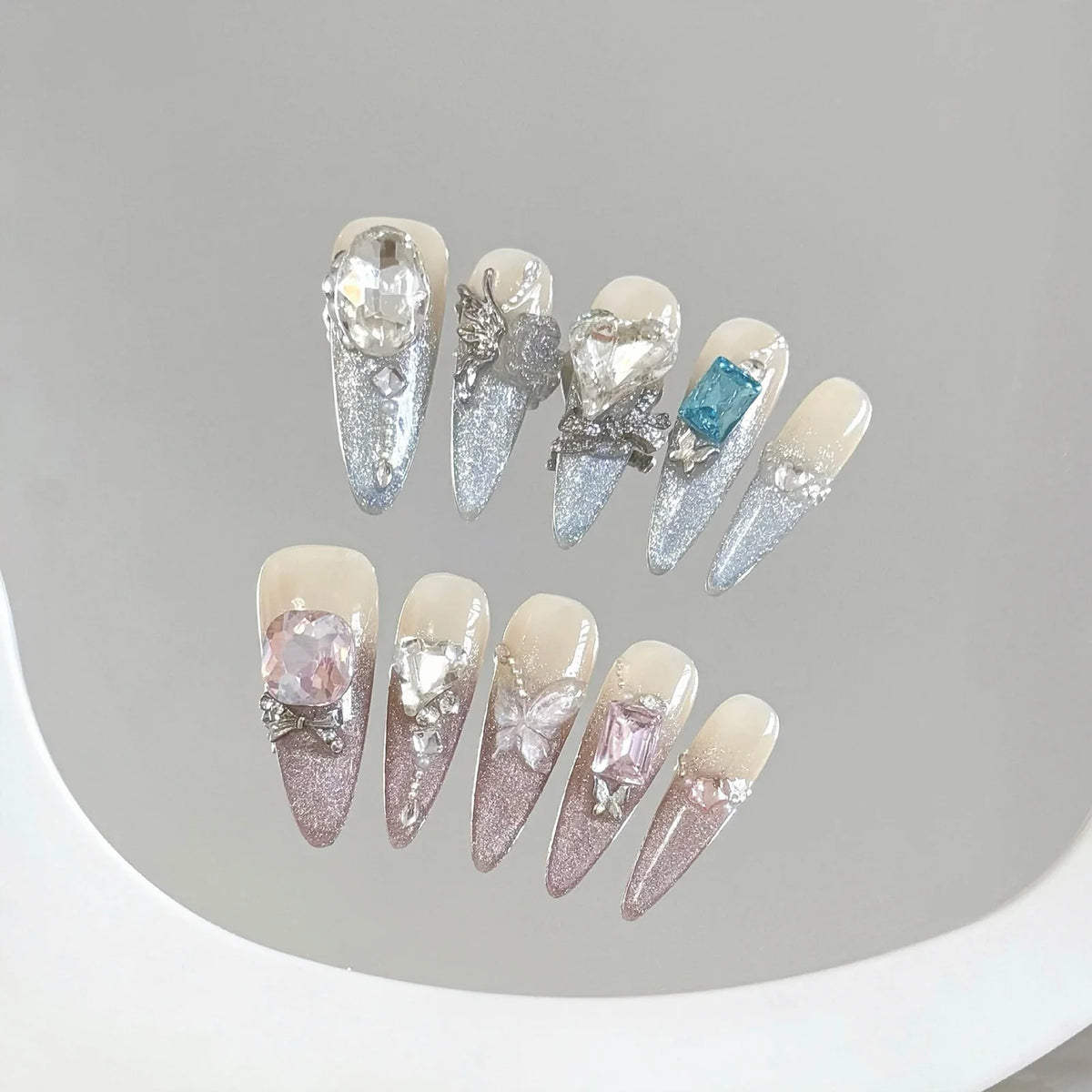 Long Ballet Press-On Nails Pink Bow Glitter French Cat Eye 10pcs