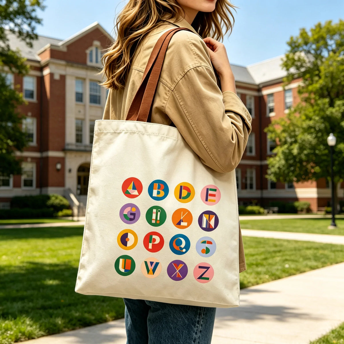 Vibrant Geometric Alphabet Canvas Tote Bag Large Cotton Shoulder