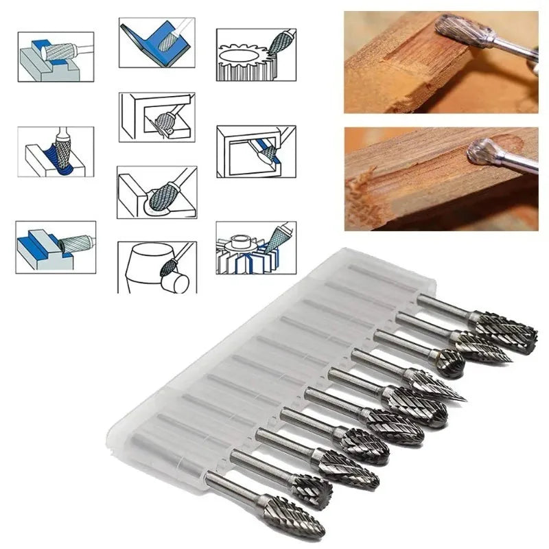 10-Pc Tungsten Carbide Rotary Burr Bits – Double Cut Dremel Set