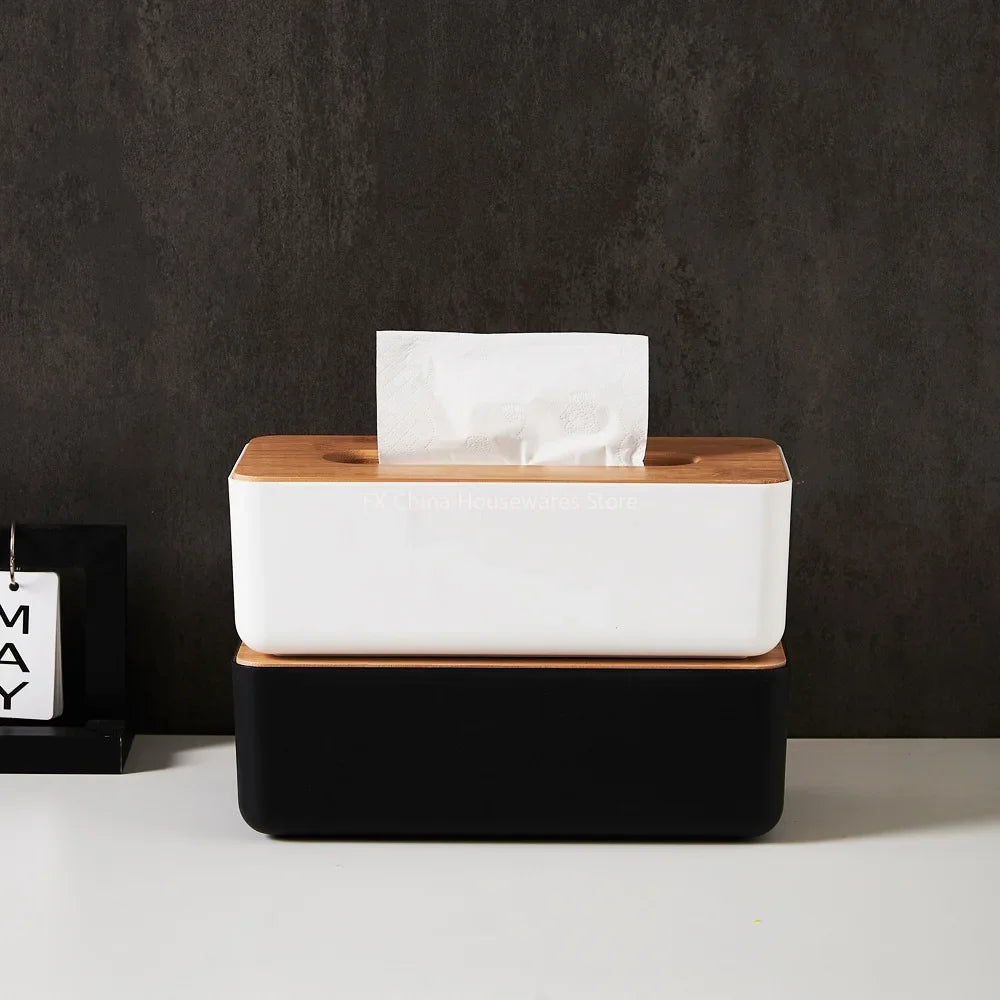Bamboo Lid Plastic Tissue Box Organizer Rectangular Paper Towel