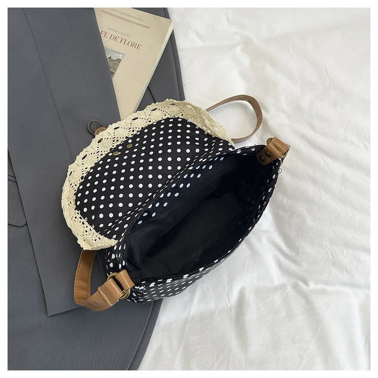 Korean Polka Dot Canvas Crossbody Bag | Small Shoulder Purse