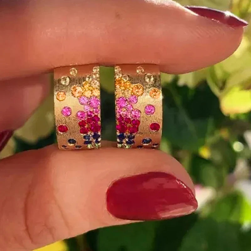 Huitan Colorful CZ Hoop Earrings – Gold Tone Women's Fashion