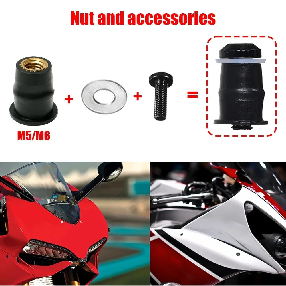 M5 M6 Motorcycle Windshield Bolt & Rubber Well Nut Set – 30Pc