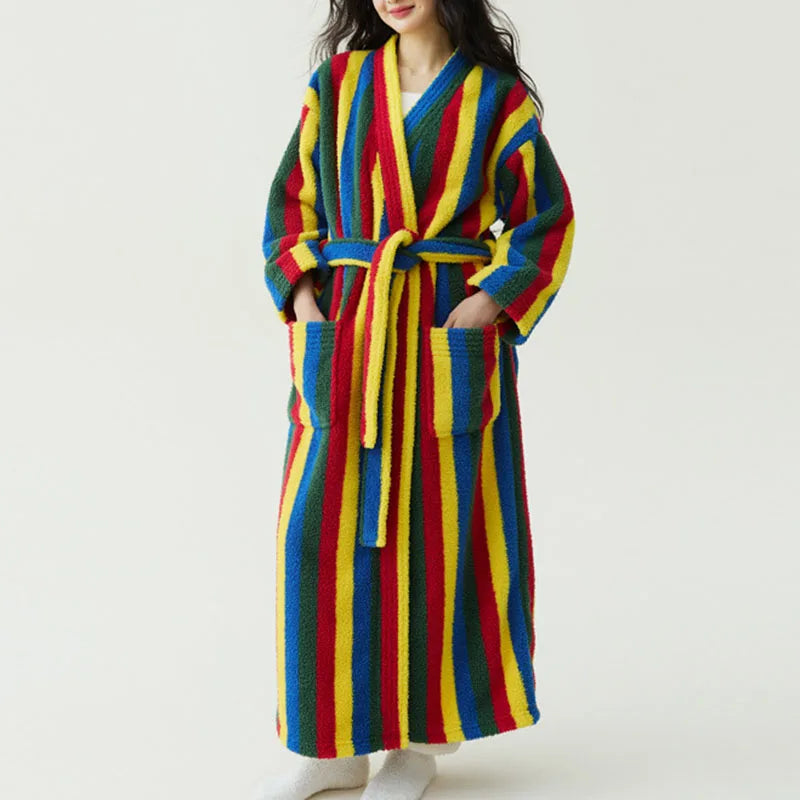 Women's Striped Velvet Bathrobe – Thick Flannel Lace-Up Robe