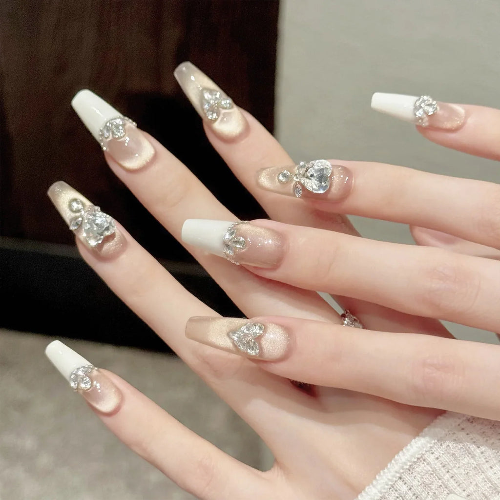 Handmade Press On Nails | French Golden Cat's Eye Almond 10pc
