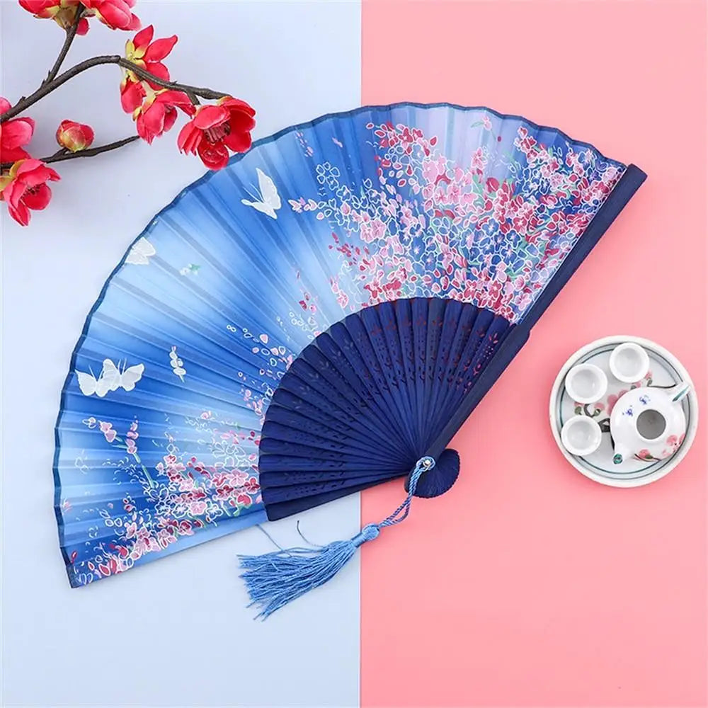 Chinese Engraved Folding Hand Fan Wooden Shank Classical Dance Tassel