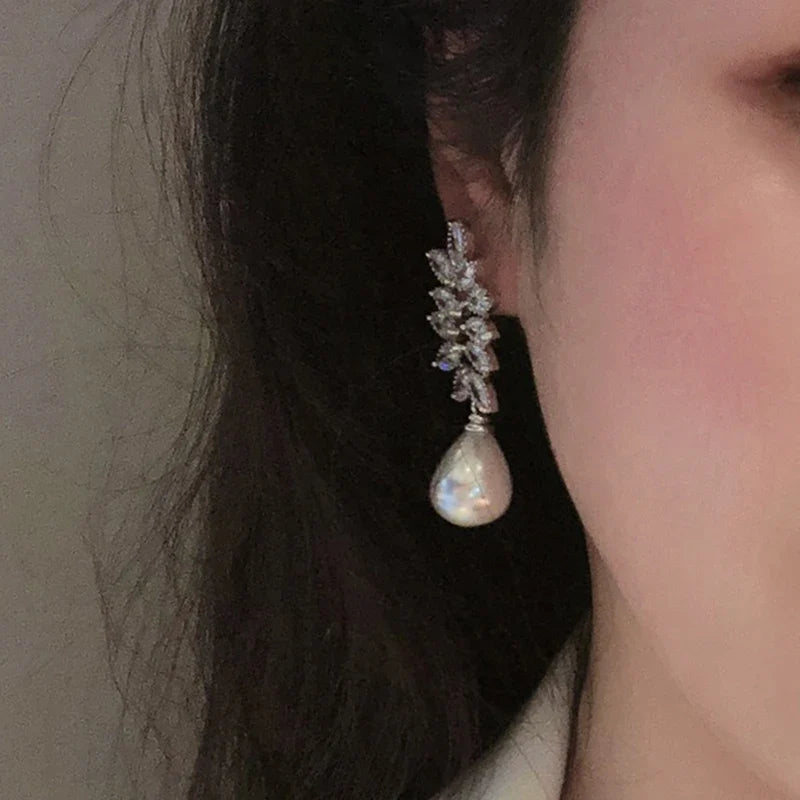 Huitan Pearl Dangle Earrings – Crystal CZ Bridal Wedding Jewelry