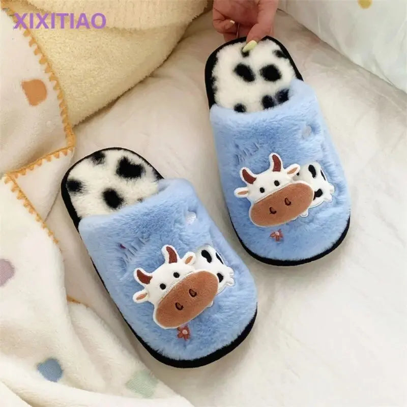 Cow Print Faux Fur Slippers – Cozy Indoor Slides Men & Women