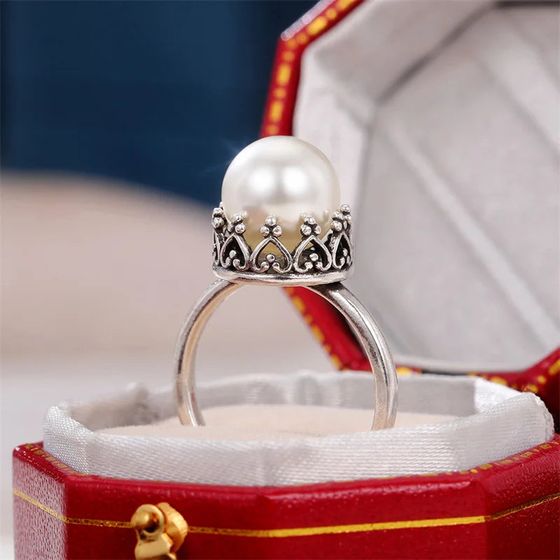 Huitan Vintage Imitation Pearl Ring Women – Antique Silver