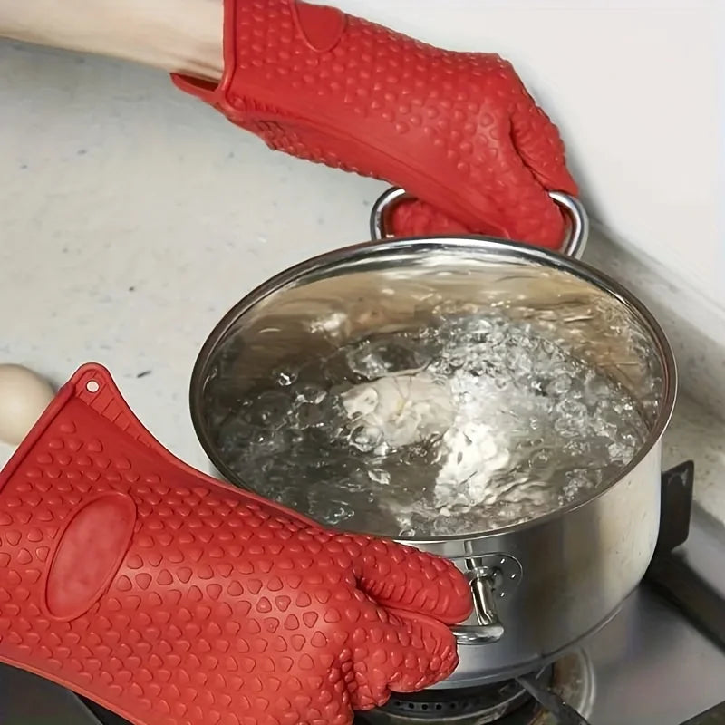 1 Pair Heat Resistant Kitchen Gloves Non-slip Waterproof Silicone