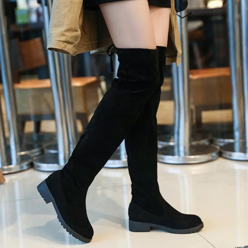 Women's Winter Knee-High Lace-Up Velvet Wedge Boots