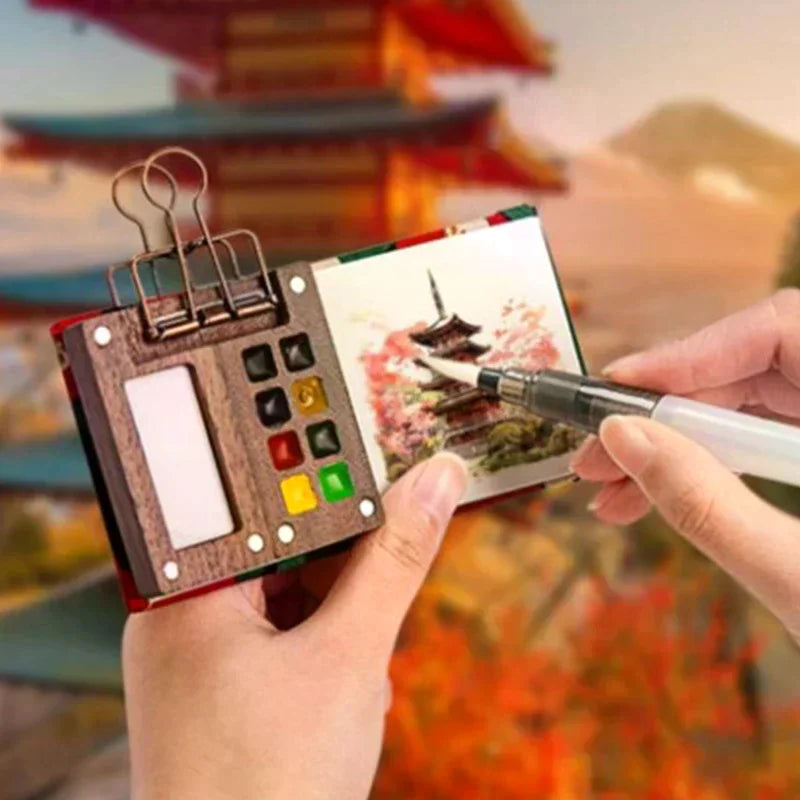 Mini Walnut Wood Watercolor Palette Portable Paint Box Clip Travel