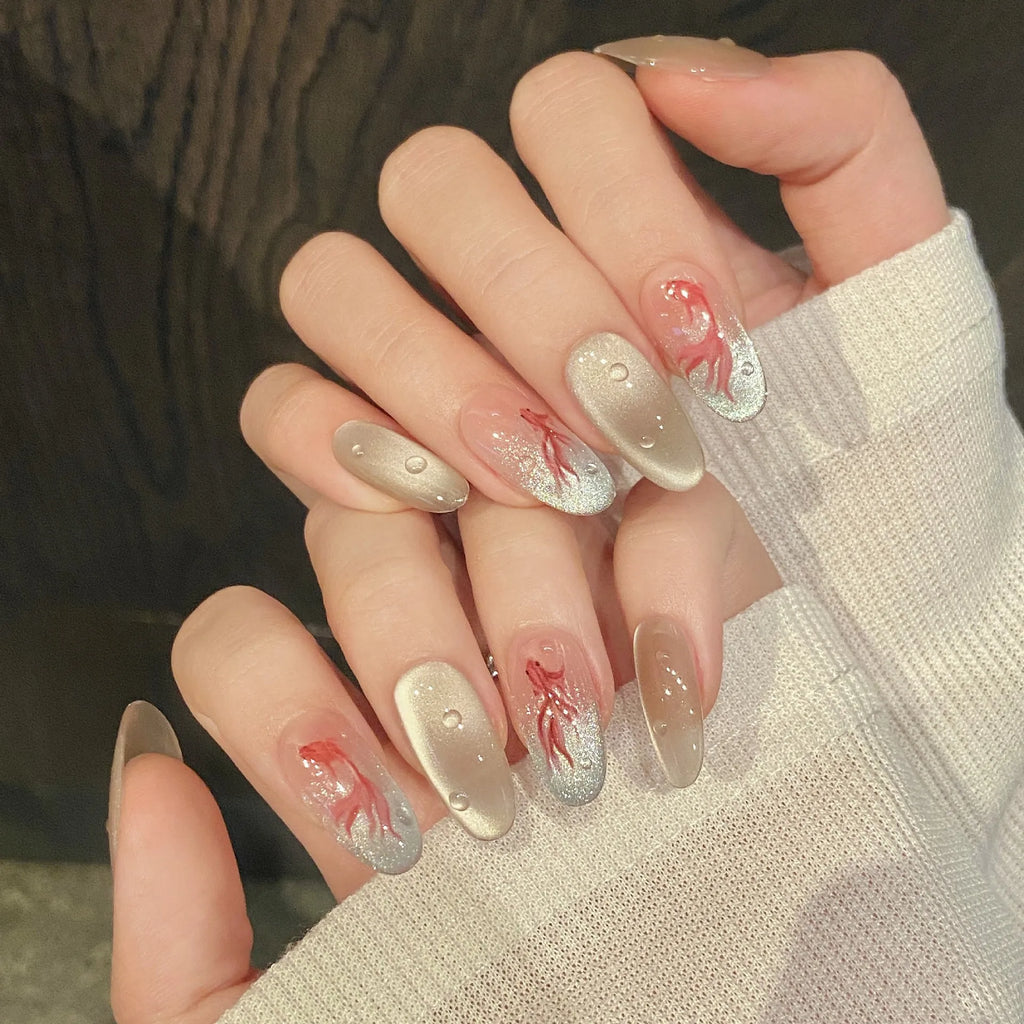 Cat Eye Press On Nails – Goldfish Print Chinese Style 10pc
