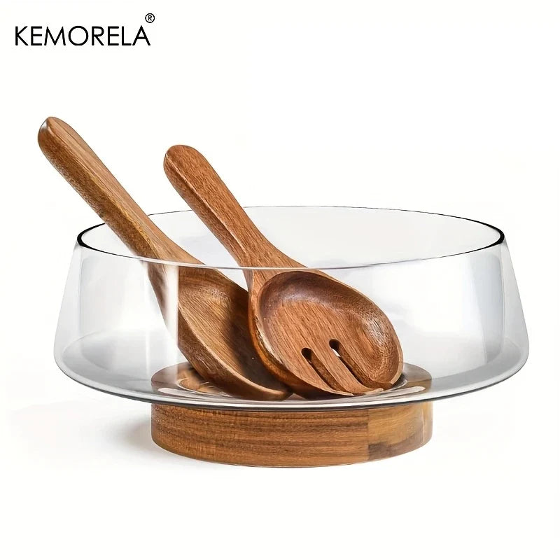KEMORELA Hand-Blown Glass Salad Bowl Set with Wooden Base