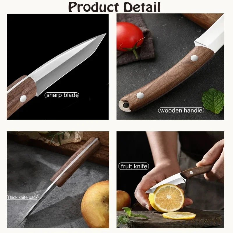 Sharp Stainless Steel Fruit Knife – Solid Wood Handle & Sheath