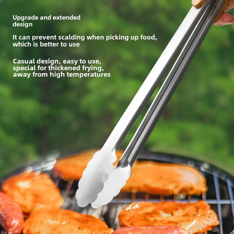 Stainless Steel BBQ Tongs with Heat-Resistant Wooden Handles