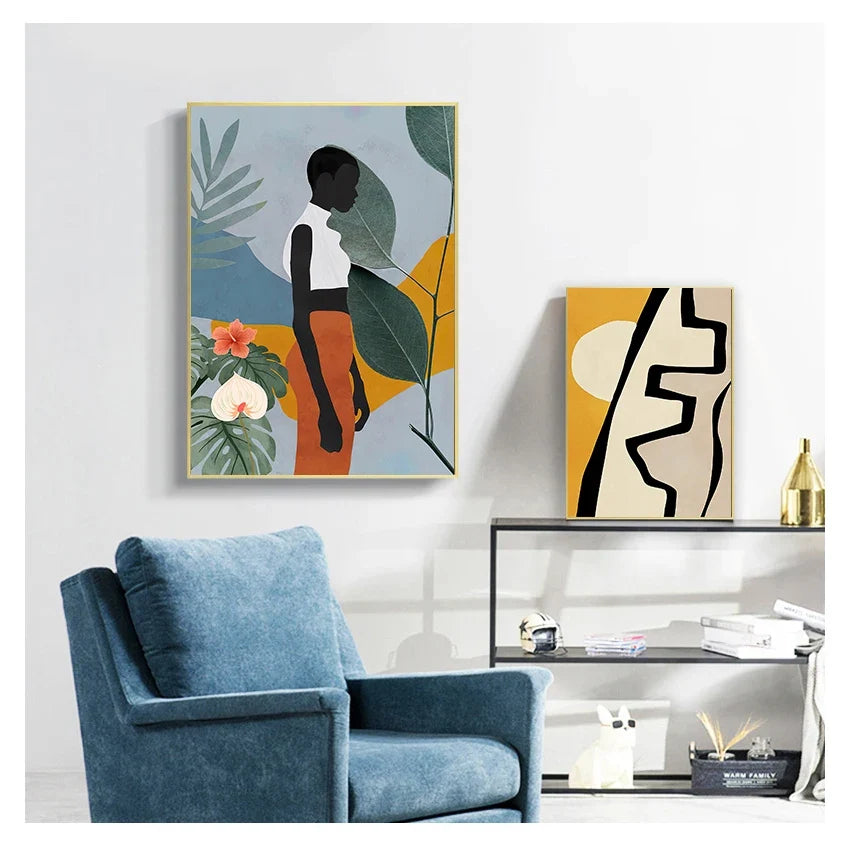 Scandinavian Vintage Girl Canvas Wall Art | Geometric Abstract Print