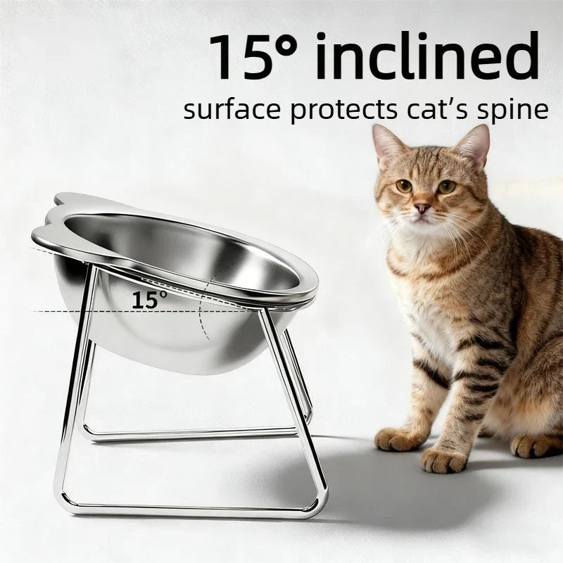 304 Stainless Steel Raised Cat Bowl | 15° Tilted Elevated Design