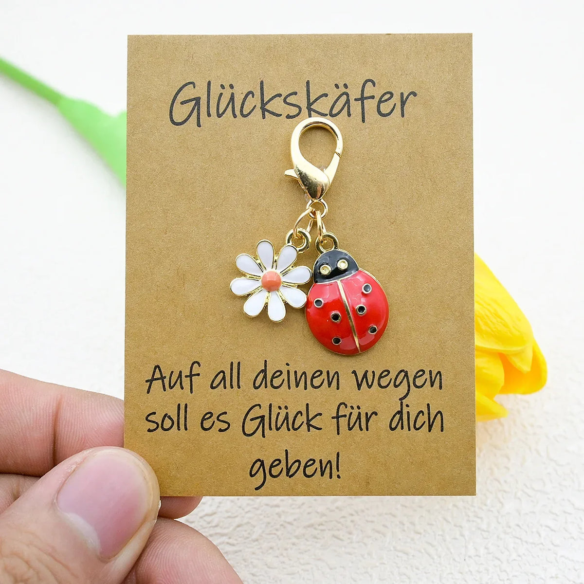 Lucky Ladybug Earrings, Keychain & German Blessing Card Gift Set