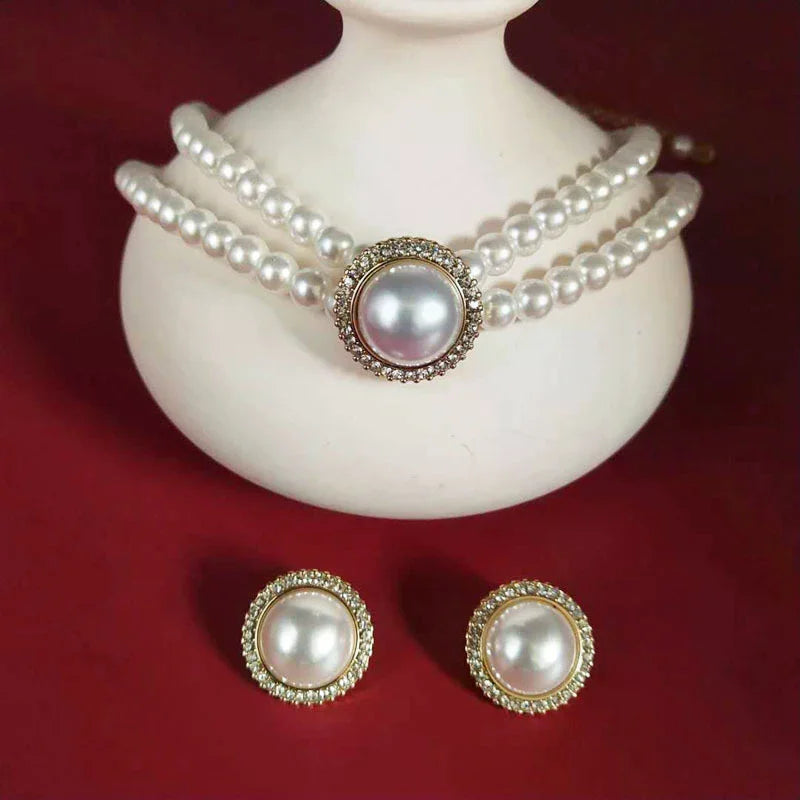 Fashion Double Layer Pearl Pendant Necklace Earrings Jewelry Ladies