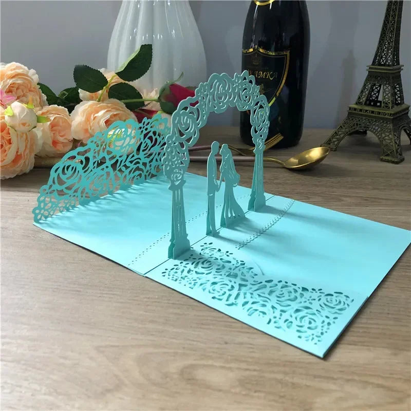 3D Bride Groom Rose Gold Pop Up Wedding Invitations Laser Cut