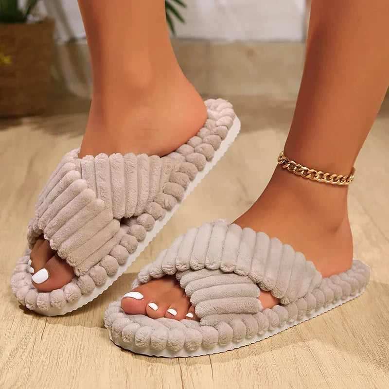 Women's Corduroy Cross Band Plush Slippers – Warm Indoor