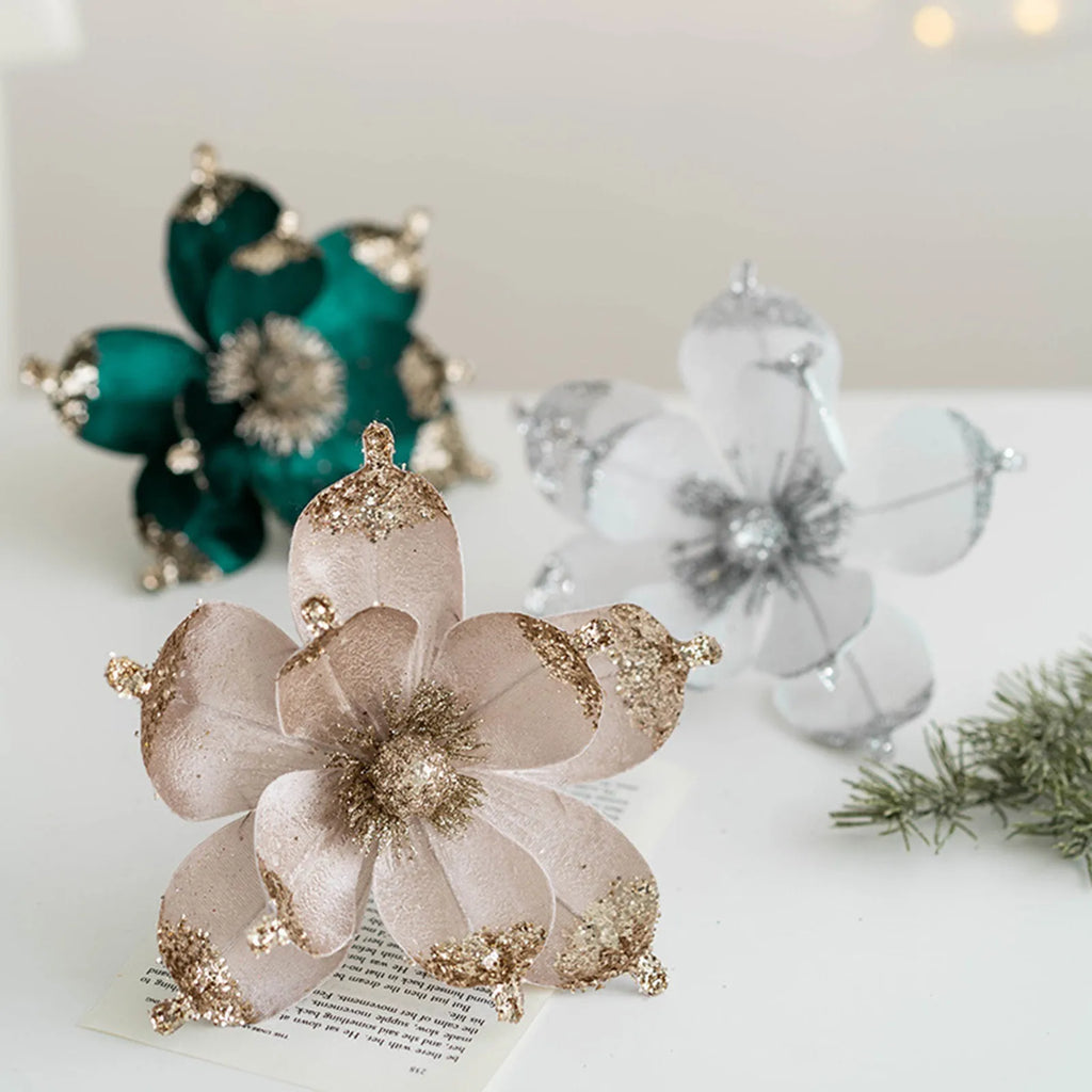 20cm Pink Glitter Magnolia Christmas Flower Pick | Xmas Decor