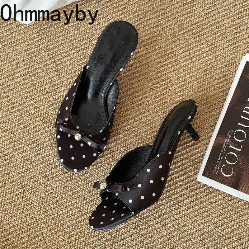 Women's Open Toe Thin Heel Mule Slides | Polka Dot Summer