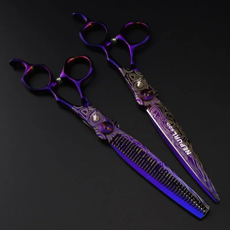 7-Inch Purple Damascus Hair Thinning Shears | Pro Barber Scissors
