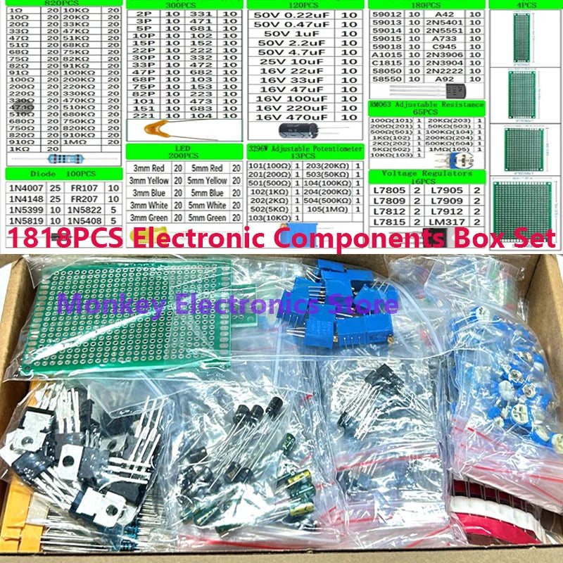 1818 PCS Electronic Components Kit – Resistors, LEDs, Capacitors
